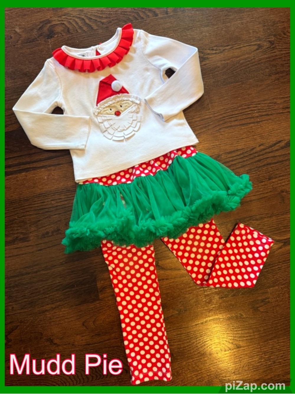 🌲 MUD PIE Girls Santa Tutu Legging Set - Red, Green & White Holiday Outfit